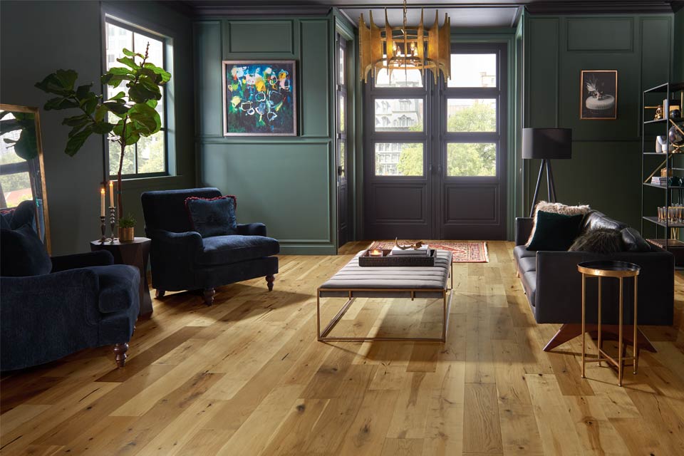 warm toned hardwood flooring in living room with leather couch and blue velvet chairs with lighting.